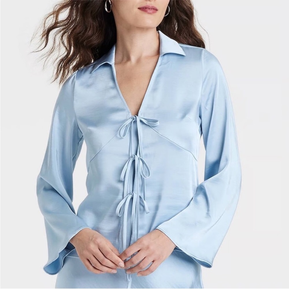 A New Day Light Blue Satin Tie-Front Bow Blouse